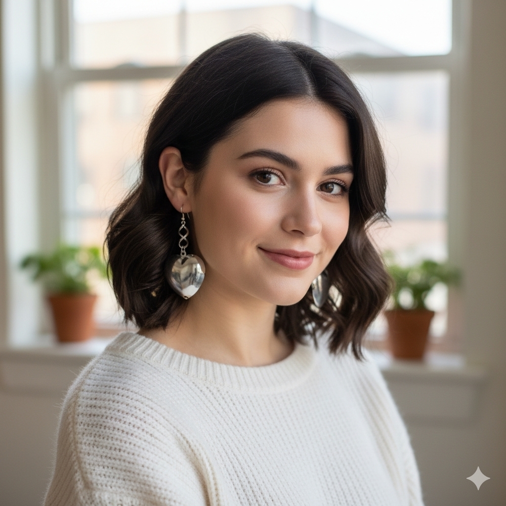 Silver Tone Puffed Heart Drop Earrings